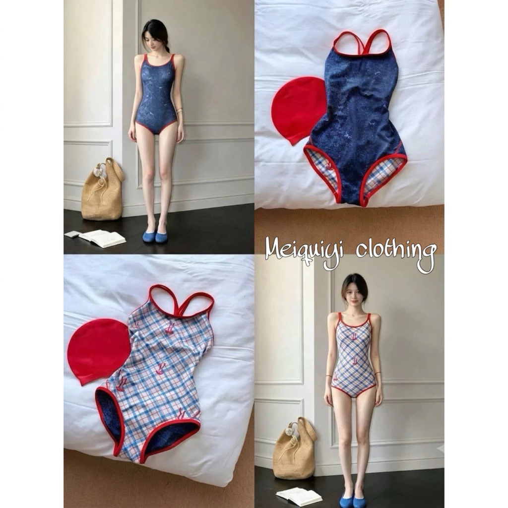 𝓜𝓮𝓲𝓺𝓾𝓲𝔂𝓲🥝 2in1 Bộ đồ bơi tam giác mặc được hai kiểu xanh caro/dennim chất liệu co dãn thâm hút nhanh khô cho nữ