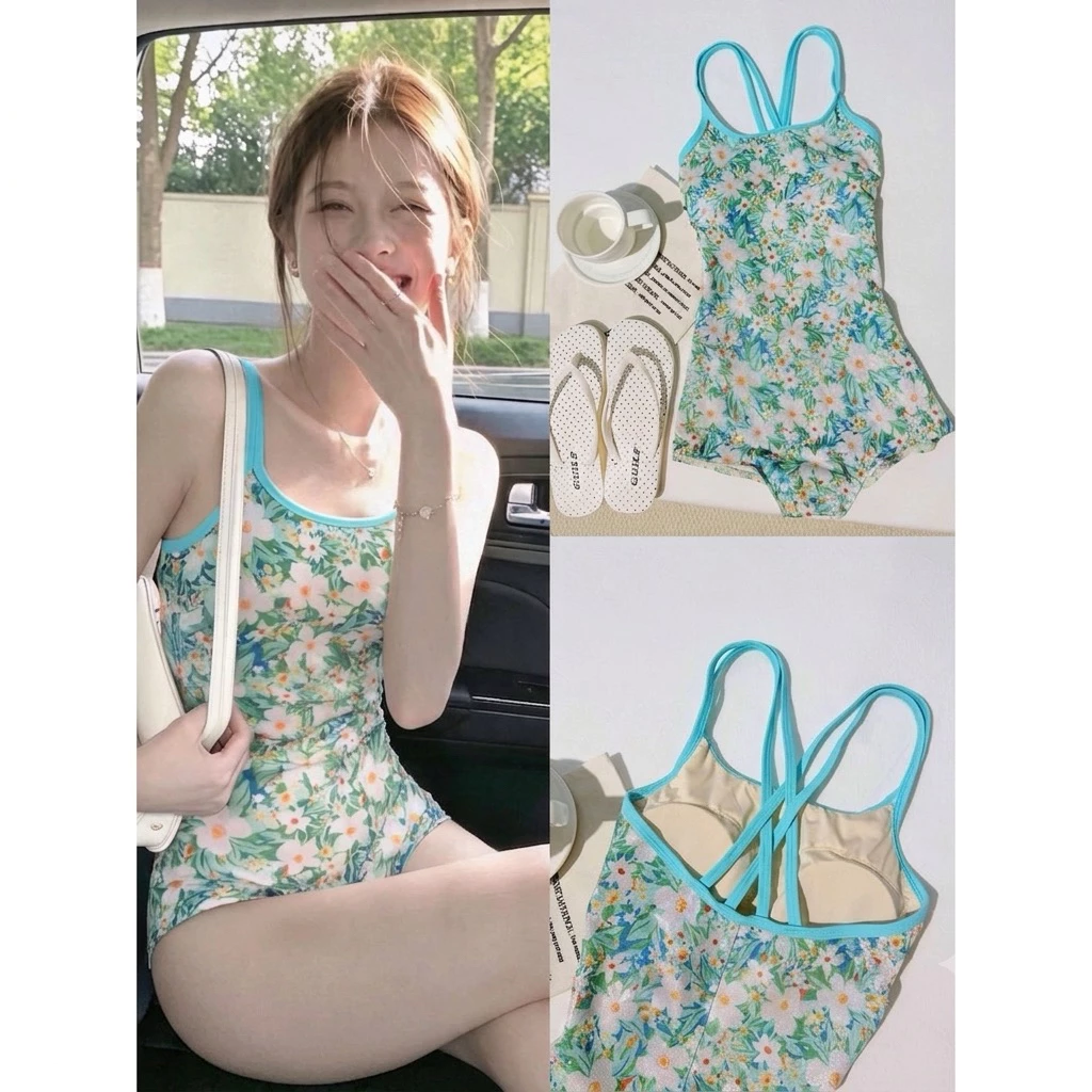 𝓜𝓮𝓲𝓺𝓾𝓲𝔂𝓲🥝 Đồ bơi một mảnh tone xanh hoa lá phối hiệu ứng nhũ lấp lánh, dây đan chéo lưng tôn dáng