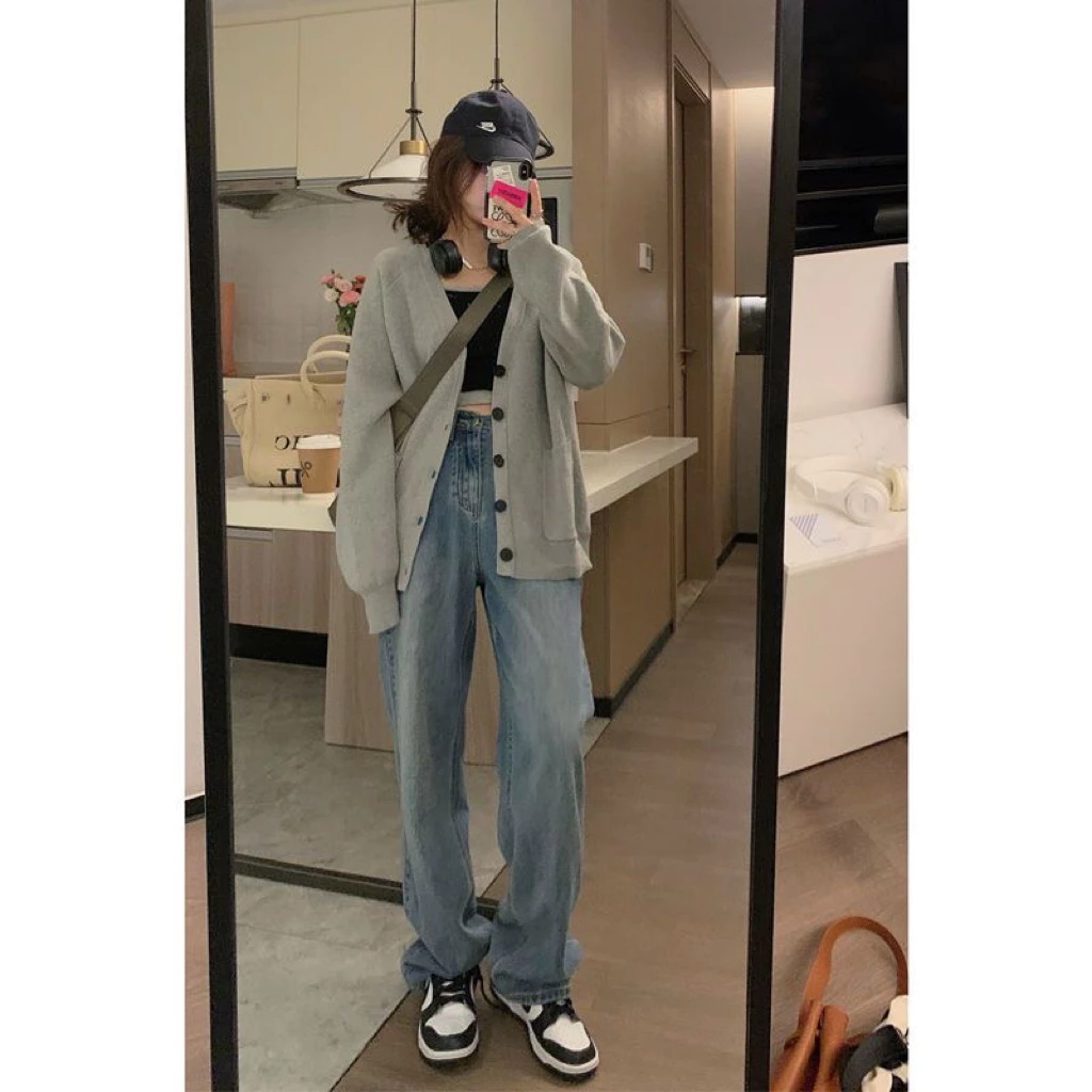 Quần jeans nữ Hebe xanh cháy nắng ống rộng lưng cao cá tính phong cách retro dành cho nữ