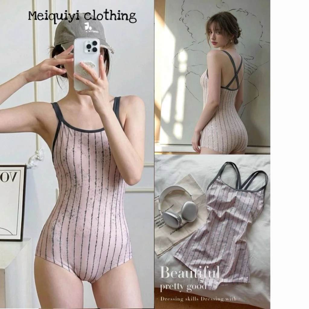 𝓜𝓮𝓲𝓺𝓾𝓲𝔂𝓲🥝Bộ đồ bơi một mảnh mix hoạ tiết xám sọc bling co dãn tốt thấm hút nhanh khô