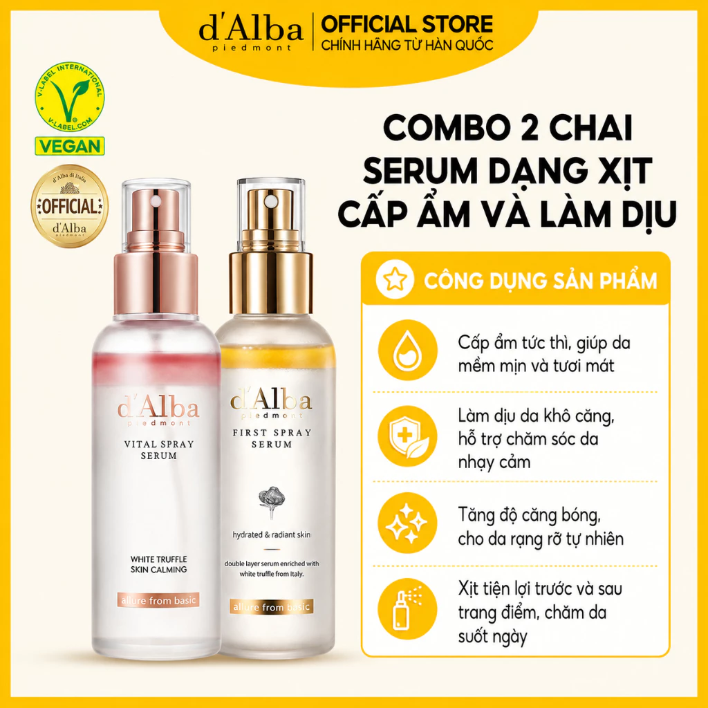 [d'Alba Official] Combo Serum dạng xịt khoáng căng bóng da 100ml  và Serum dạng xịt cấp ẩm và làm dịu Vital Spray Serum 100ml
