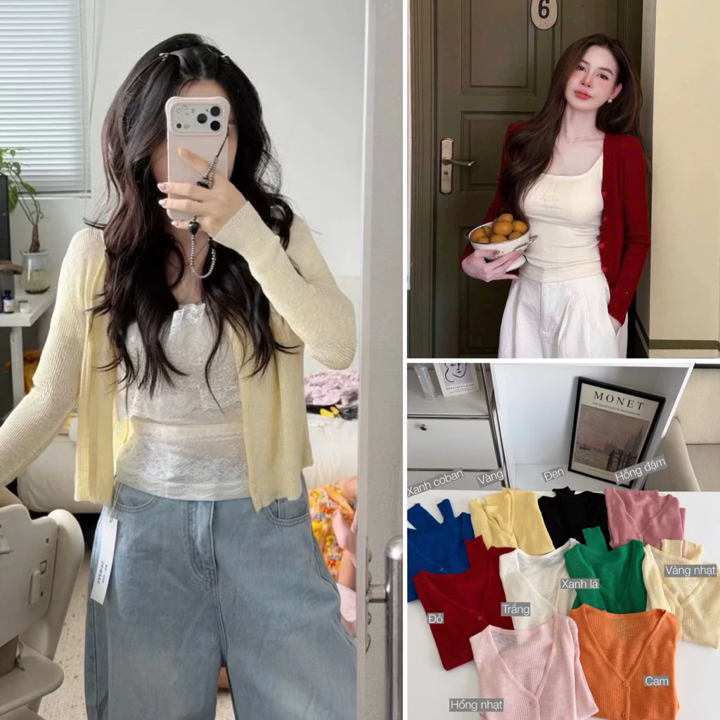 [Hàng QC sẵn] Áo cardigan len mỏng dệt kim cổ V bảng màu hot 2026