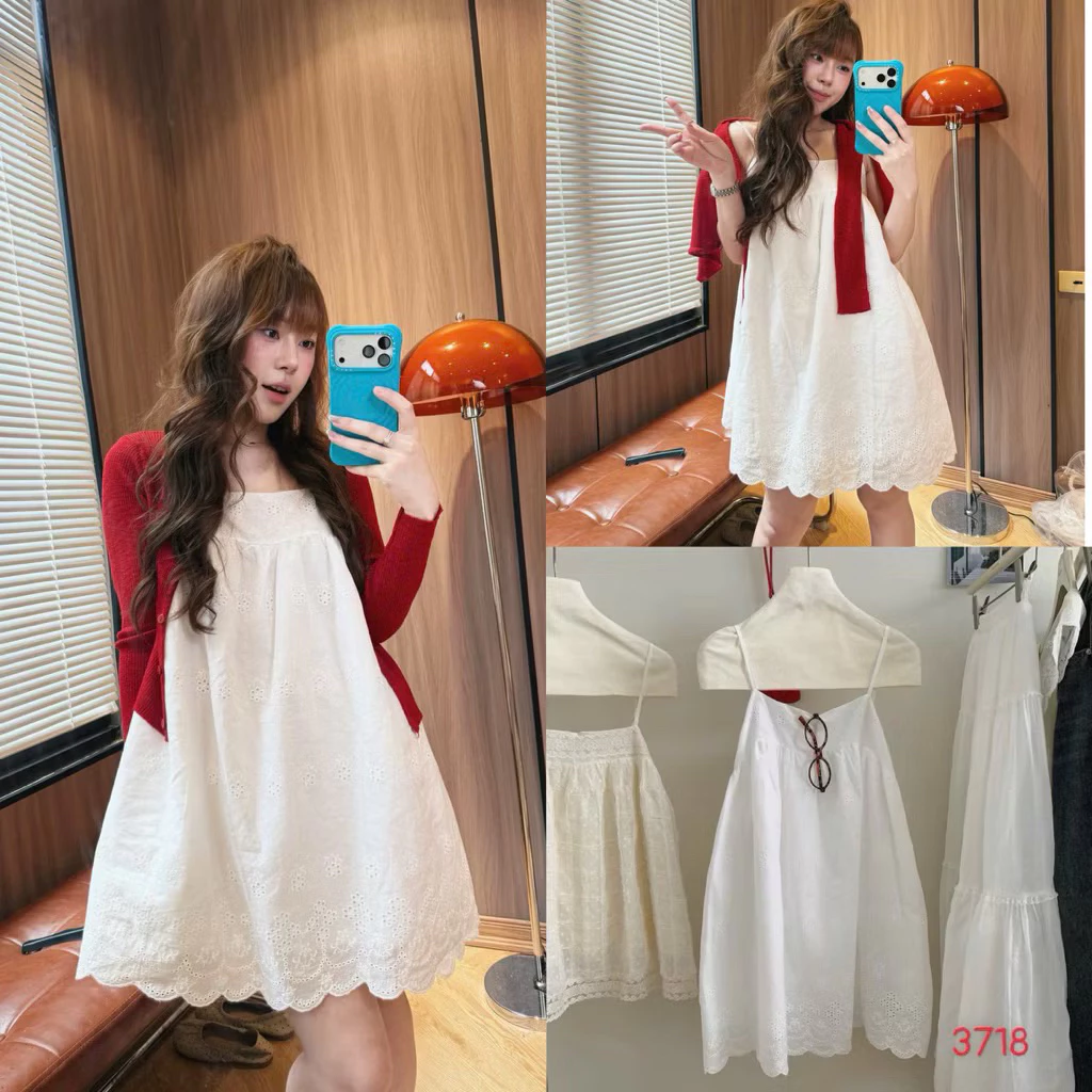 [Hàng đẹp có sẵn] Đầm babydoll hai dây trắng ren hoa xô boi gấu ren V3718