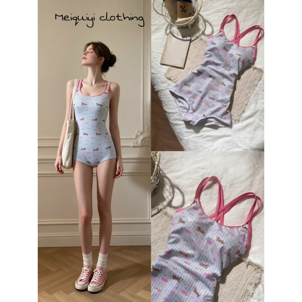 𝓜𝓮𝓲𝓺𝓾𝓲𝔂𝓲🥝Bodysuit ôm sát cơ thể màu hồng ánh kim in hình cún co dãn thấm hút tốt
