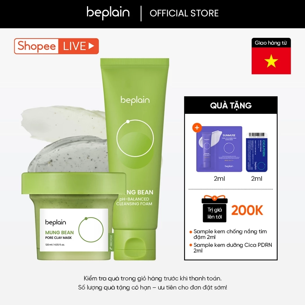 [Beplain Chính Hãng] Sữa rửa mặt BEPLAIN Đậu Xanh cân bằng độ pH 80ml & Mặt nạ đất sét beplain X LeoJ 120ml chiết xuất đậu xanh se khít lỗ chân lông giảm mụn đầu đen