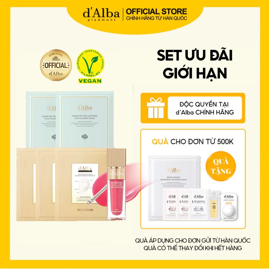 [d'Alba Official] Set ưu đãi giới hạn gồm 1 son làm đầy môi bản Nhật  3 mặt nạ thạch cao cấp 2 mặt nạ cica làm dịu da