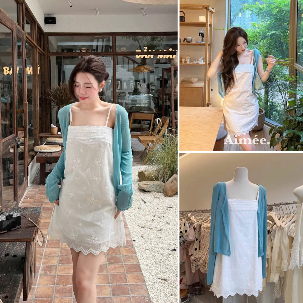 [HÀNG L1 có sẵn ship luôn] Đầm/Váy hai dây ren thô boi viền ren  Aimee Dress mix áo cardigan xanh hottrend V3776