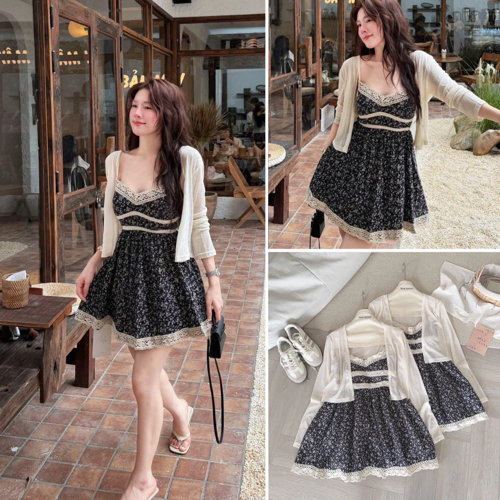 [HÀNG SẴN] Set Váy Hai Dây Hoa Đen Cổ V Viền Ren Kèm Áo Khoác Mỏng Kem Điệu Đà Nữ Tính 3142.68