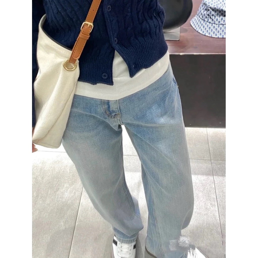 Quần jeans ống rộng xanh mài lưng cao, quần bò Liona nữ xanh khói thời trang ulzzang hàn quốc
