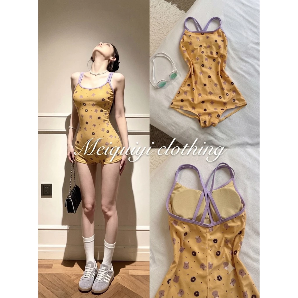 𝓜𝓮𝓲𝓺𝓾𝓲𝔂𝓲🥝Bộ đồ tắm một mảnh màu vàng kim tuyến có kháng nước, in hoạ tiết hoạt hình với chi tiết dây tím xinh xắn