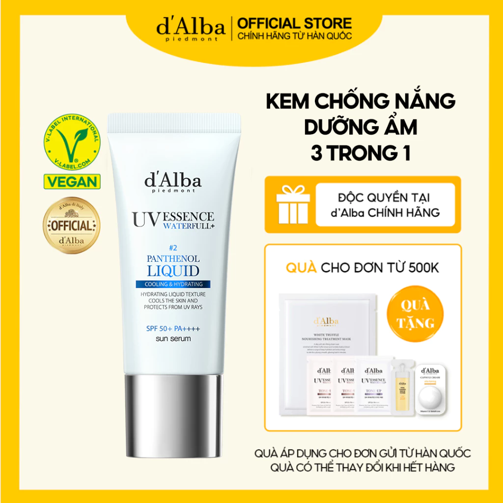 [d'Alba Official] Sữa chống nắng 3 trong 1 chứa Panthenol mỏng nhẹ cấp nước Waterfull Panthenol Liquid Essence Sun Serum 50ml