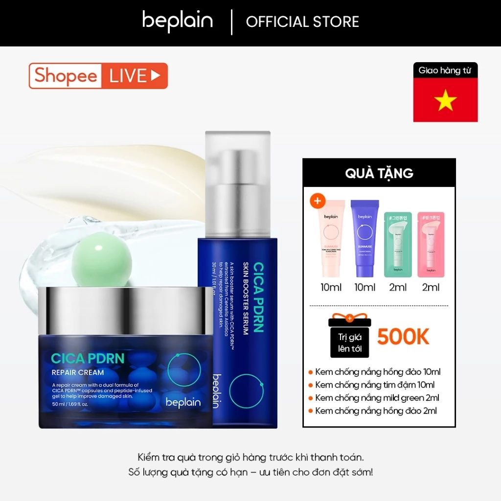 [BEPLAIN X KOL] [Combo độc quyền] Kem dưỡng BEPLAIN PDRN Rau Má đàn hồi & trẻ hóa làn da, cấp ẩm & căng bóng Cica PDRN 50ml & Serum 30ml