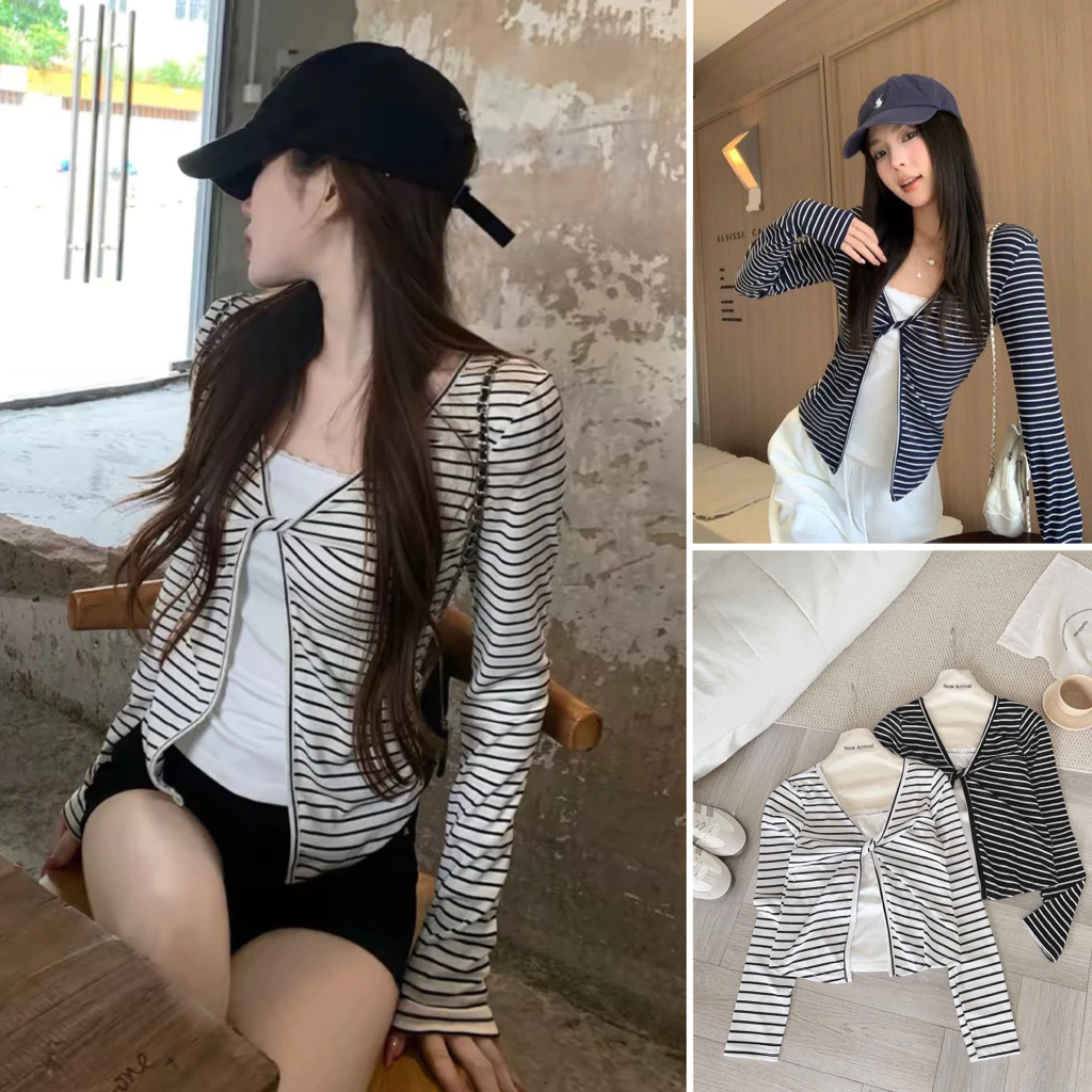 [New - sẵn hàng] Áo thun dài tay kẻ ngang xoắn ngực phối lót trắng style ulzzang cá tính dễ mix đồ DIO TOP 6615