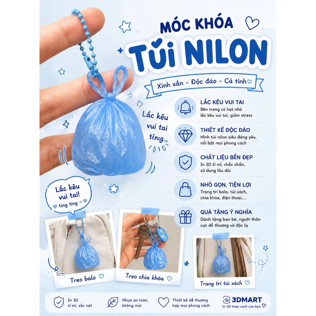 Móc Khóa Túi Nilon 3D – Lắc Kêu Vui Tai, Móc Khóa Túi Nilon Mini Dễ Thương