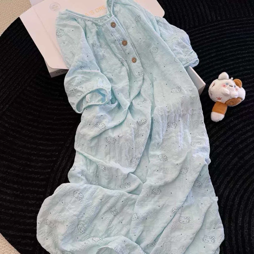 𝓓𝓪𝓲𝓵𝓲𝓵𝔂 𝓼𝓱𝓸𝓹 Hellokitty Đầm cotton, tay ngắn đính cúc phong cách đơn giản cho nữ