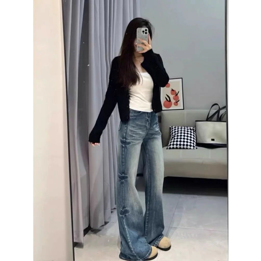 Quần jeans nữ ống rộng Hestia màu xanh cá tính, quần bò màu suông xanh cao cấp thời trang A Nam
