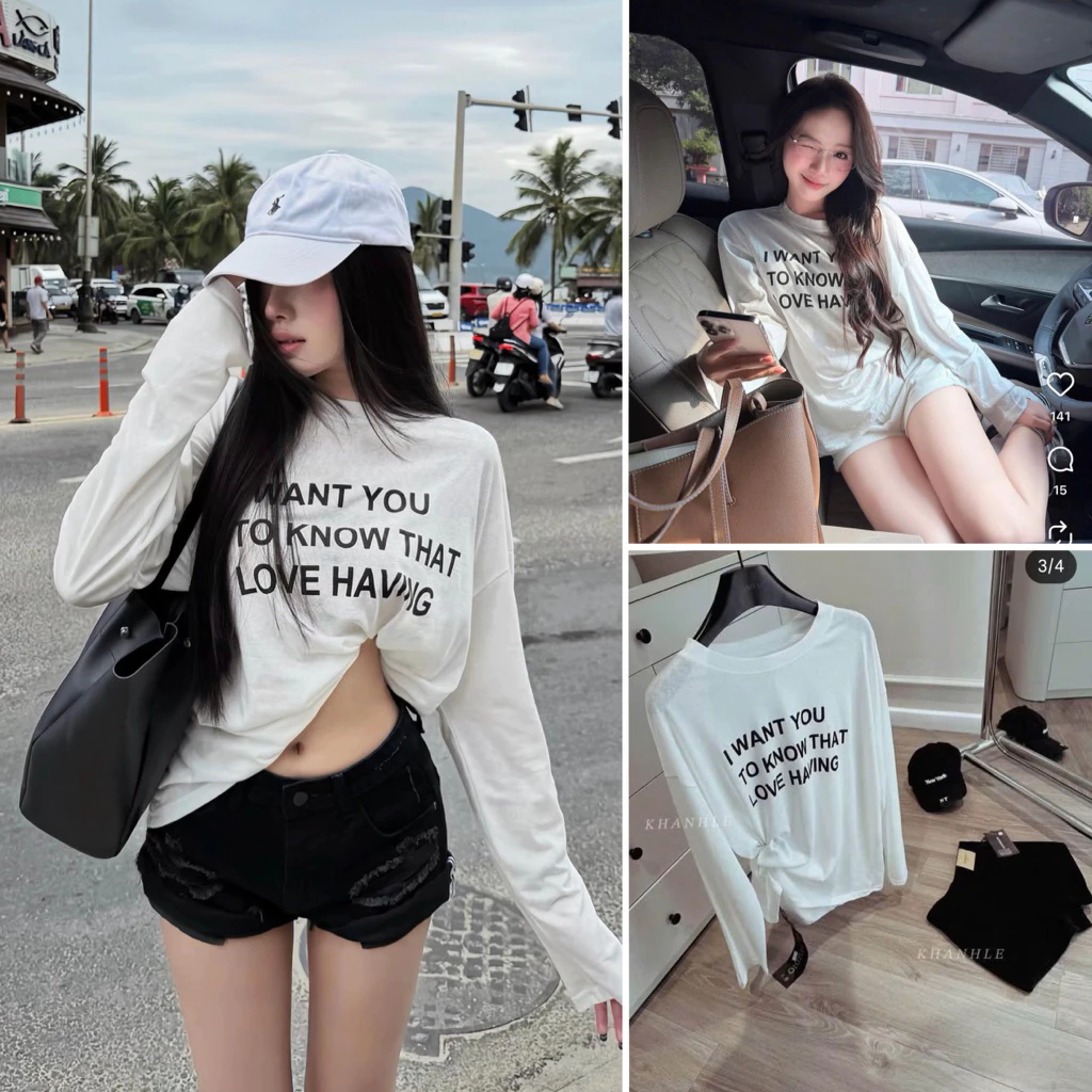 [Hàng chuẩn đẹp-sẵn ship] Áo phông giấy dài tay trắng in chữ “I WANT YOU…” form rộng phủ mông siêu xinh A3845