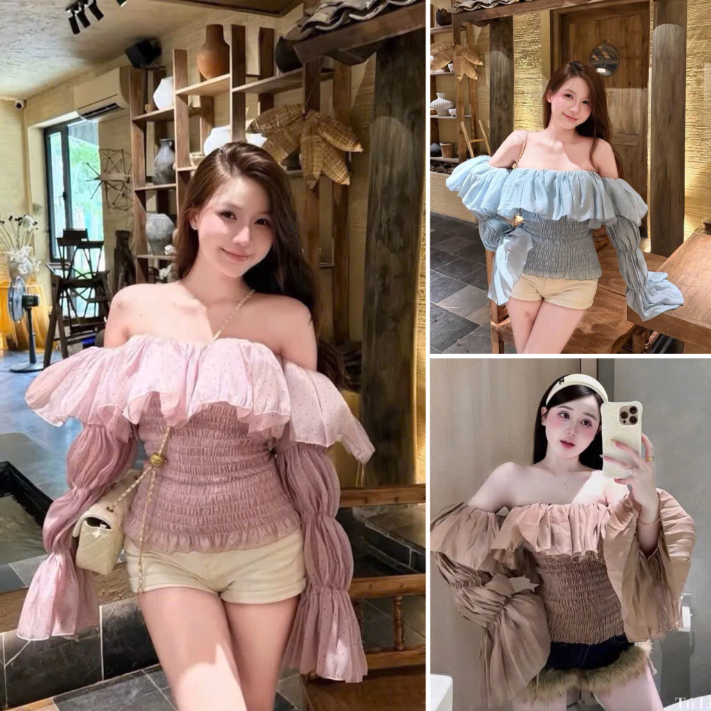 [HÀNG SẴN] Áo trễ vai tiểu thư chấm bi/trơn tay bồng dáng ôm siêu xinh Hanna Top