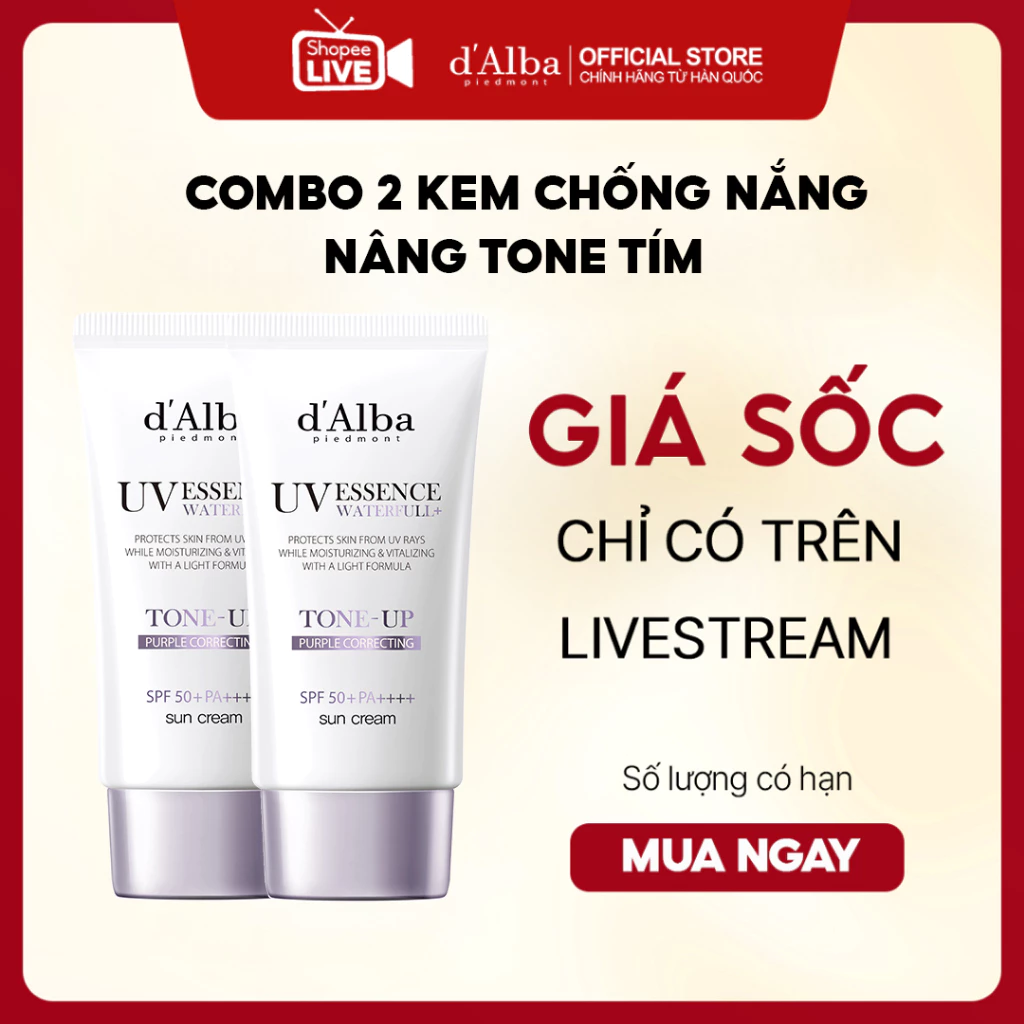 [Live] Combo 2 Kem chống nắng nâng tone Tím  d'Alba Purple Tone-Up Suncream  50ml * 2