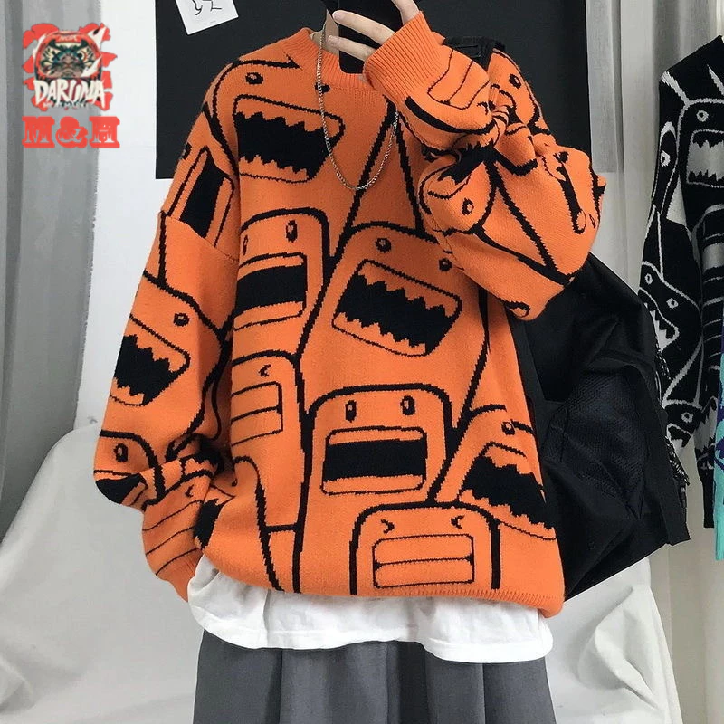 Áo sweater dáng rộng cổ tròn in họa tiết hoạt hình kiểu retro Nhật Bản thời trang thu đông cho nam