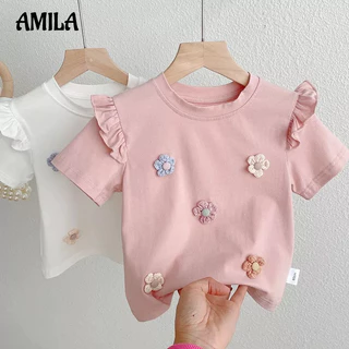 Áo thun AMILA cotton thoáng khí thêu họa tiết dễ thương thời trang cho bé gái