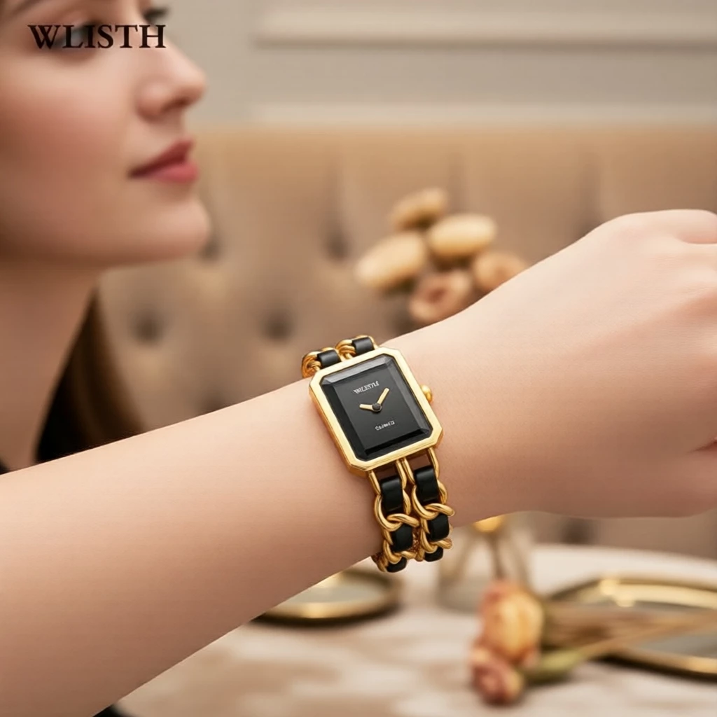 Đồng hồ nữ mặt vuông đen, dây kim loại thanh lịch