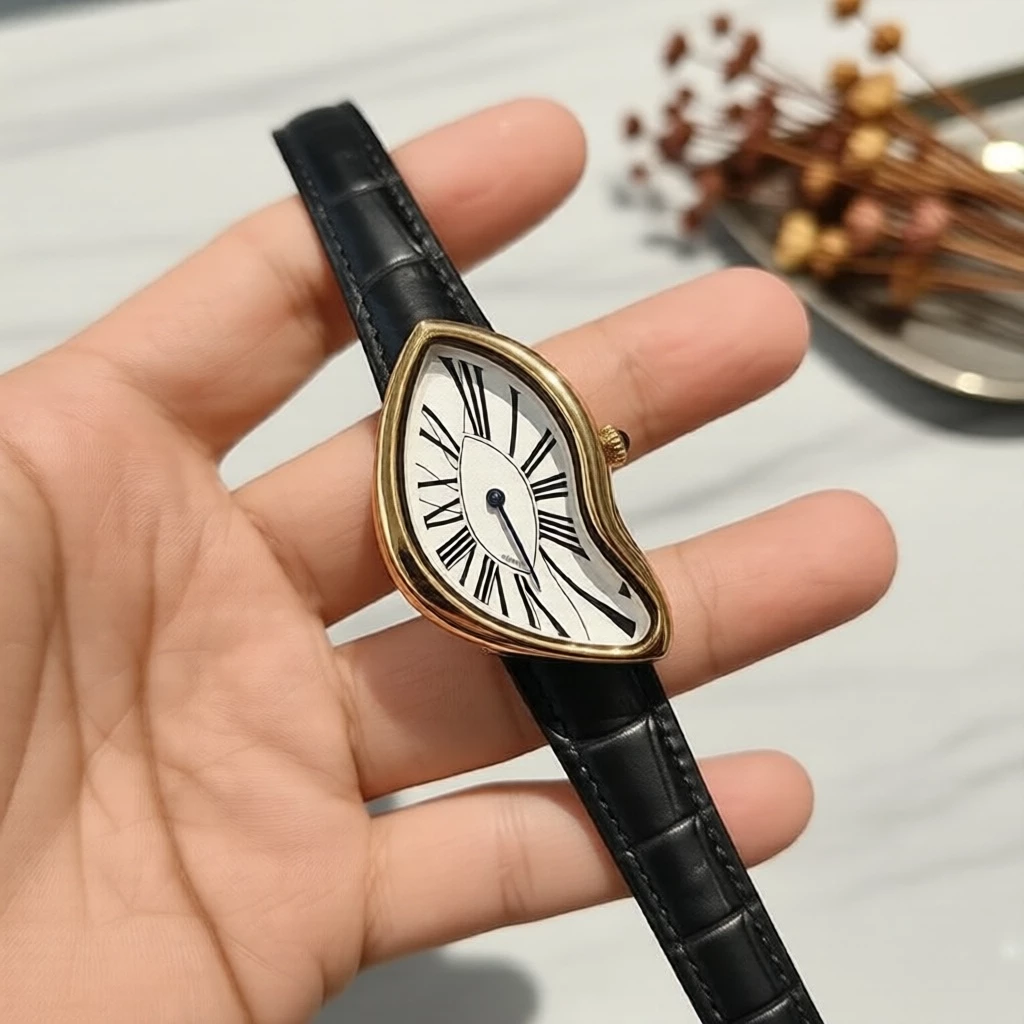Đồng hồ đeo tay nữ mặt số tan chảy theo phong cách Art Deco mạ vàng, dây da cổ điển