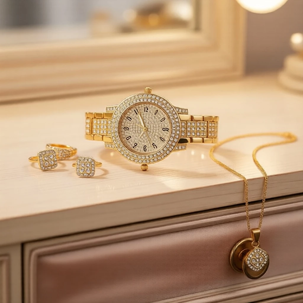 Đồng hồ nữ 5 món thời trang thạch anh đính đá rhinestone dây thép không gỉ & trang sức, không kèm hộp