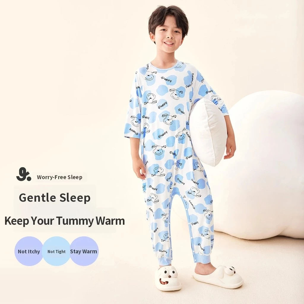 Jiusuiban [Bộ áo liền quần ngủ tiết kiệm sự yên tâm] Bộ đồ ngủ dài đến mắt cá chân cho bé trai Loại A Bảo vệ bụng mềm mại theo mùa Không mát mẻ, dáng rộng, đàn hồi cao