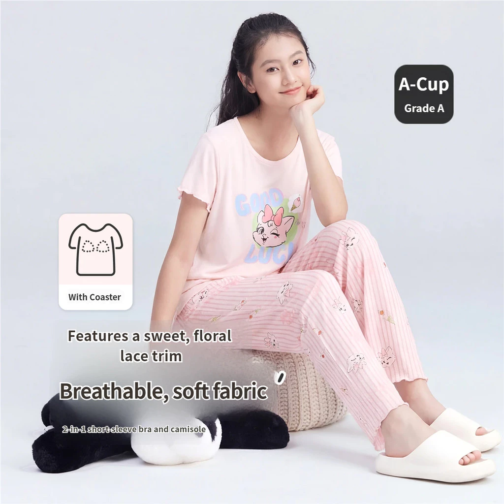 Jiusuiban [Da mềm nhỏ có miếng đệm ngực] Bộ đồ ngủ bé gái Quần ngắn tay tại nhà Quần lót không mài mòn cho bé gái Đồ mặc nhà chống lồi
