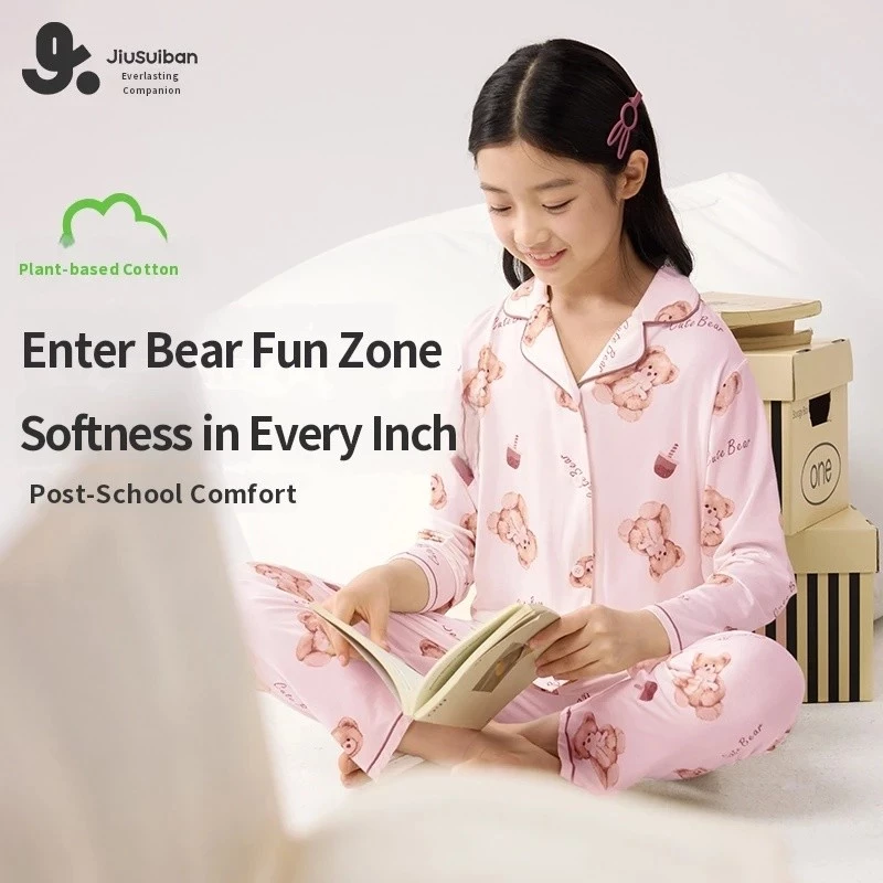 Jiusuiban Bộ Đồ Ngủ Trẻ Em Quần Áo Mùa Thu Bé Gái Dài Tay Rời Điều Hòa Không Khí Quần Áo Mỏng Nguyên Chất Cotton Thoáng Khí Quần Áo Nhà Phù Hợp Với