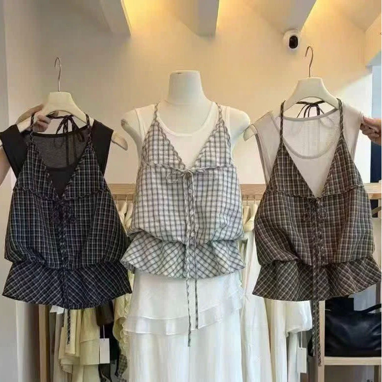 [Steezy] Áo ba lỗ thun giấy mỏng phối kèm áo yếm sơ mi kẻ caro nhún eo form rộng SE6300
