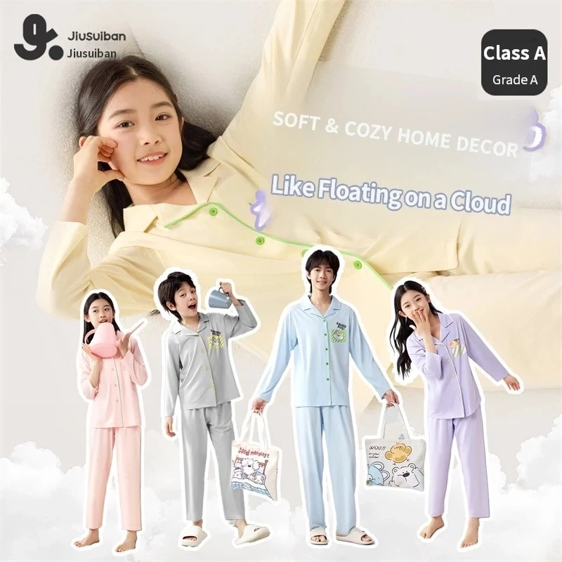 Jiusuiban Bộ Đồ Ngủ Trẻ Em Loại A Cardigan Nam Nữ Xuân Hè Homewear Phù Hợp Với Mỏng Điều Hòa Không Khí Quần Áo