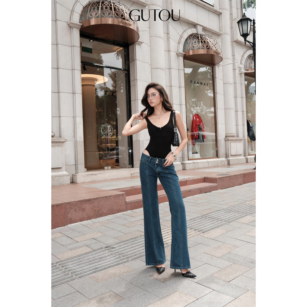[ GUTOU ] Quần Jeans Ống Suông Denim Tôn Dáng, Quần Bò Nữ Bass Cạp Trễ Trendy Form Unisex G138