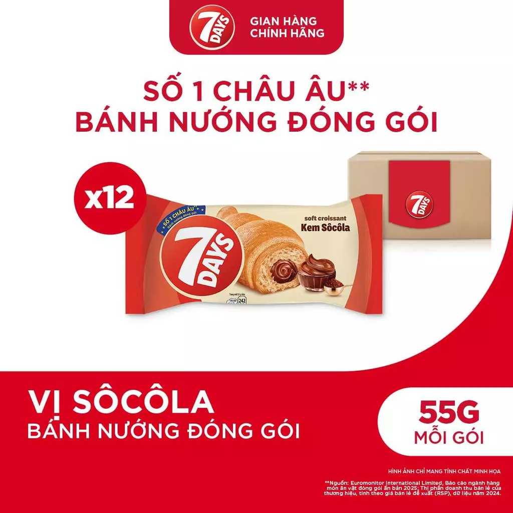 Combo 12 Gói Bánh Sừng Bò 7DAYS Kem Sôcôla 55g