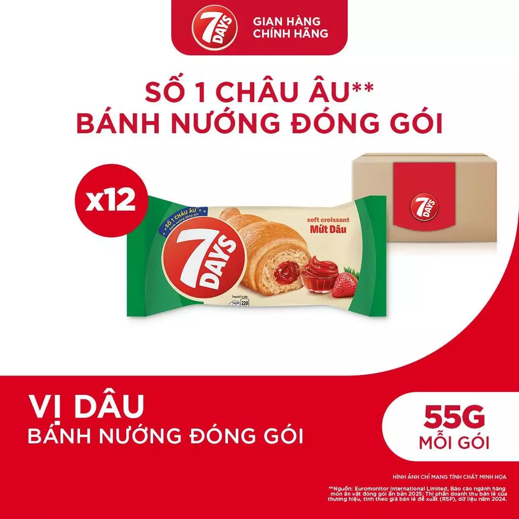 Combo 12 Gói Bánh Sừng Bò 7DAYS Mứt Dâu 55g