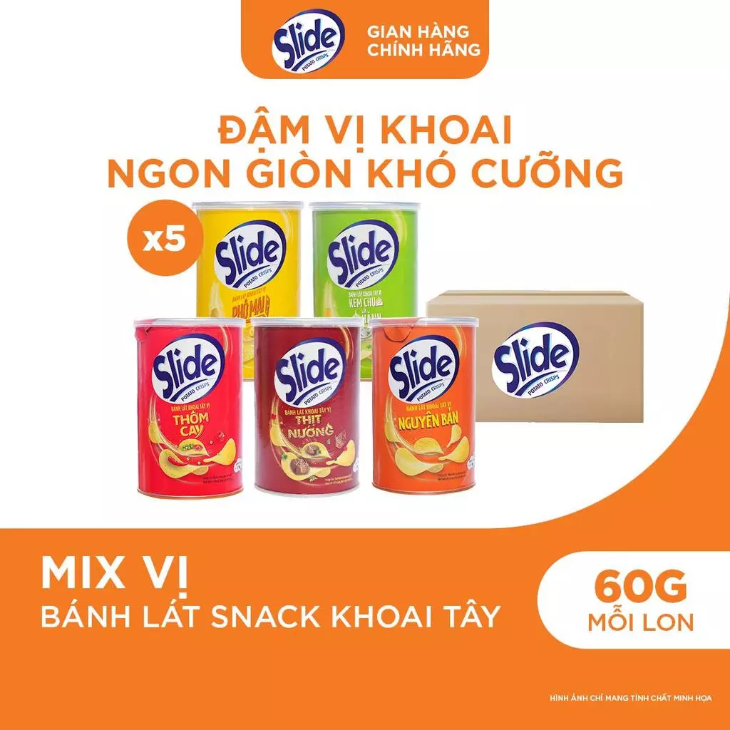 Combo 5 Bánh Lát Snack Khoai Tây Slide 60g Mix 5 Vị Tự Nhiên/Thơm Cay/ Thịt Nướng/Sò điệp & Bào Ngư/ Phô Mai