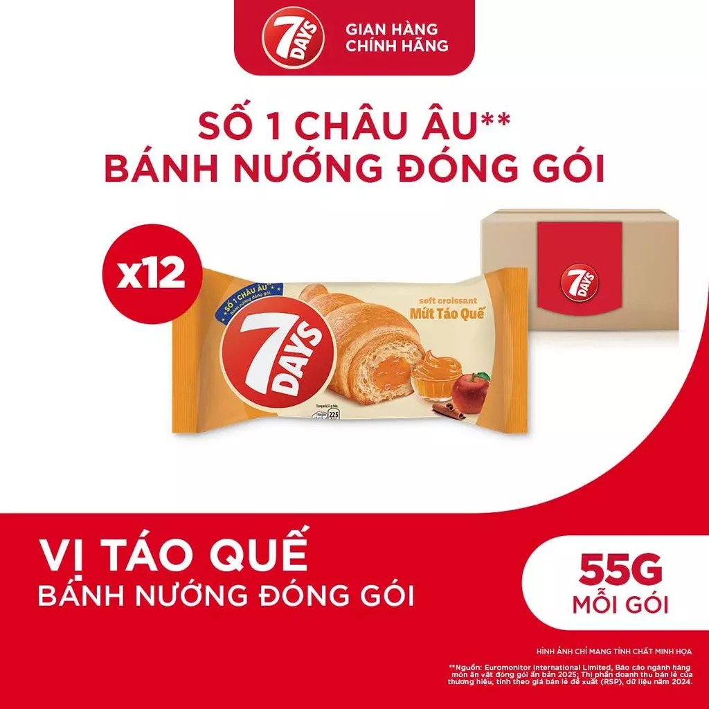 Combo 12 Gói Bánh Sừng Bò 7DAYS Mứt Táo Quế 55g