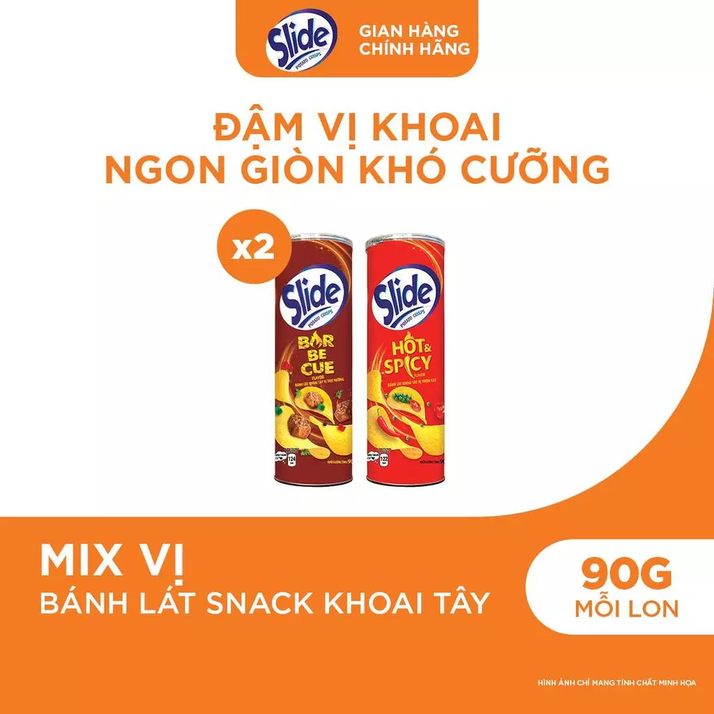 Combo 2 Bánh Lát Snack Khoai Tây Slide 90g Mix 2 Vị Thịt Nướng/ Thơm Cay