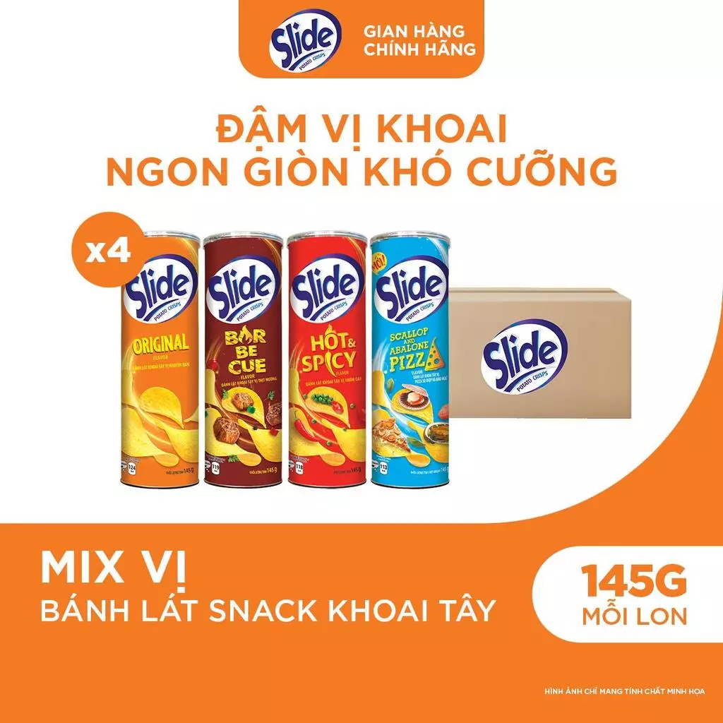 Combo 4 Bánh Lát Snack Khoai Tây Slide 145g Mix 4 Vị Tự Nhiên/Thơm Cay/ Thịt Nướng/Sò điệp & Bào Ngư