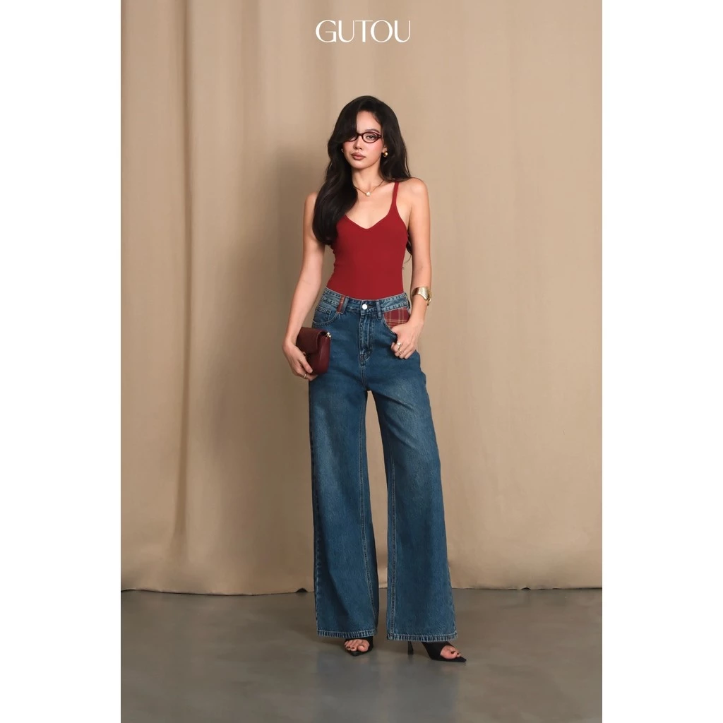 [ GUTOU ] Quần Jeans Suông The Preppy (Túi Caro), Quần Jean Nữ Ống Rộng Cạp Cao Chất Denim G210