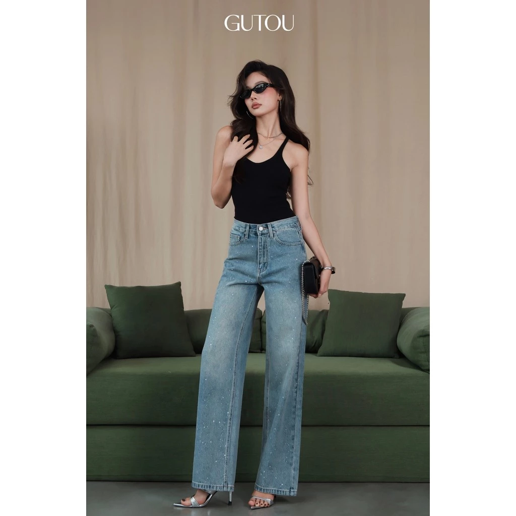[ GUTOU ] Quần Bò Nữ Cạp Cao Ống Suông Denim Mềm Mịn, Quần Suông Đính Đá Crystal Jeans G208
