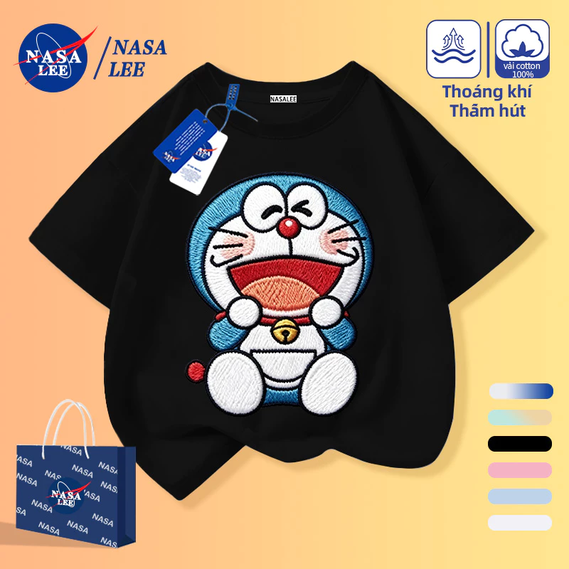 [Giao hàng trong ngày] Áo thun Cotton nguyên chất màu đen cho trẻ em Bầu không khí Phim hoạt hình Trẻ em Họa tiết Doremon dễ thương 3-16 tuổi Áo sơ mi ngắn tay dáng rộng thông thường
