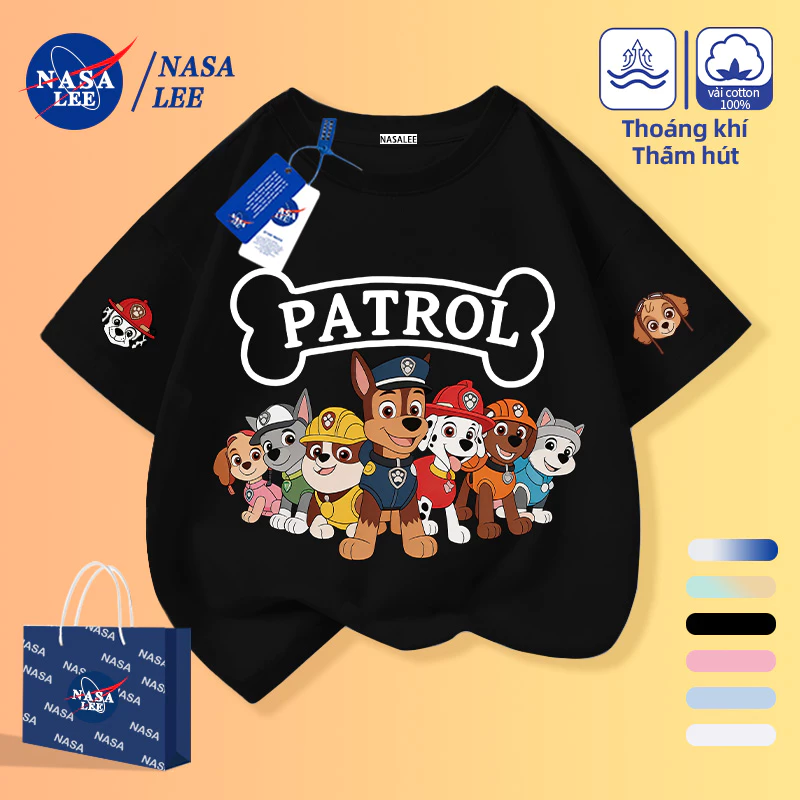 [Giao hàng trong ngày] Áo thun Cotton nguyên chất màu đen cho trẻ em Cảm giác bầu không khí Paws Đội hoạt hình Trẻ em Họa tiết dễ thương 3-16 tuổi dáng rộng thường ngày ngắn @