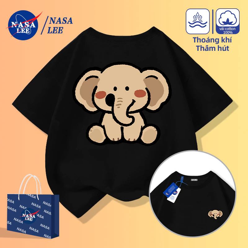[Giao hàng trong ngày] Áo thun Cotton nguyên chất màu đen cho trẻ em Khí quyển Phim hoạt hình Trẻ em Họa tiết voi em bé dễ thương 3-16 tuổi dáng rộng thường ngày ngắn @ -