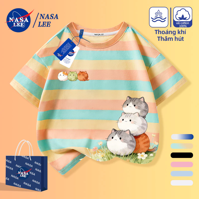 [Giao hàng trong ngày] Xếp chồng mèo con Trẻ em sọc xanh vàng sọc ngắn tay bé trai bé gái mùa hè Cotton nguyên chất thoáng khí mềm mại dễ thương Dải màu mèo hoạt hình rộng rãi Quần áo trẻ em H