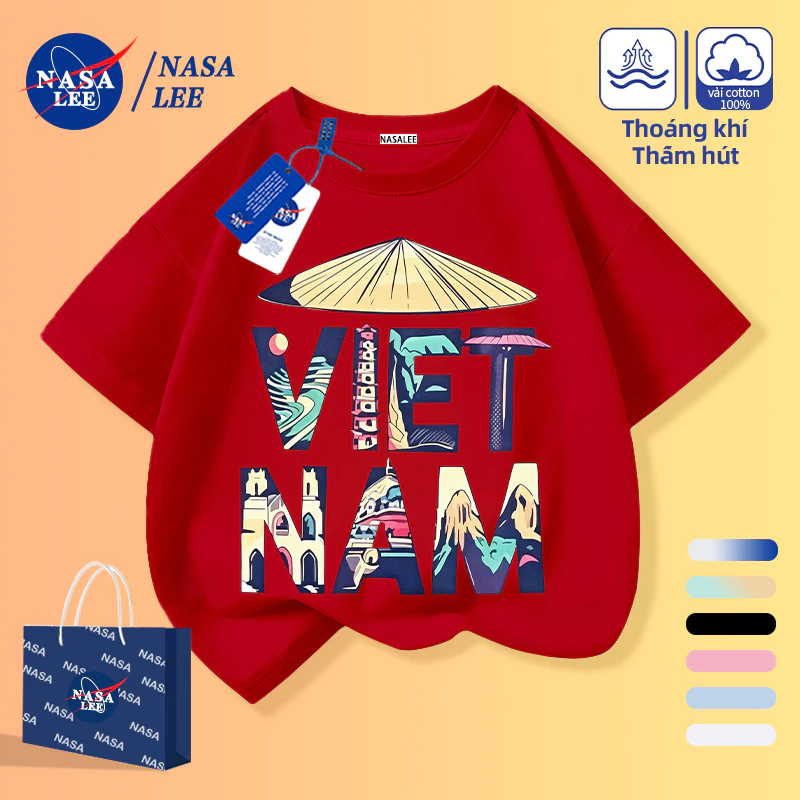 [Giao hàng trong ngày] Quần áo trẻ em Cotton màu đỏ Áo thun nửa tay ngắn dành cho trẻ em Mũ Việt Nam Xây dựng Phong cảnh in chữ Mùa hè thân thiện với da