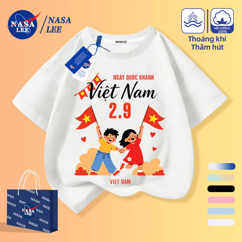 [Giao hàng trong ngày] Quần áo trẻ em Cotton trắng Áo thun ngắn tay nửa tay dành cho trẻ em Chủ đề Ngày quốc khánh Việt Nam Nâng cờ hoạt hình Trẻ em in hình mùa hè Thân thiện với da