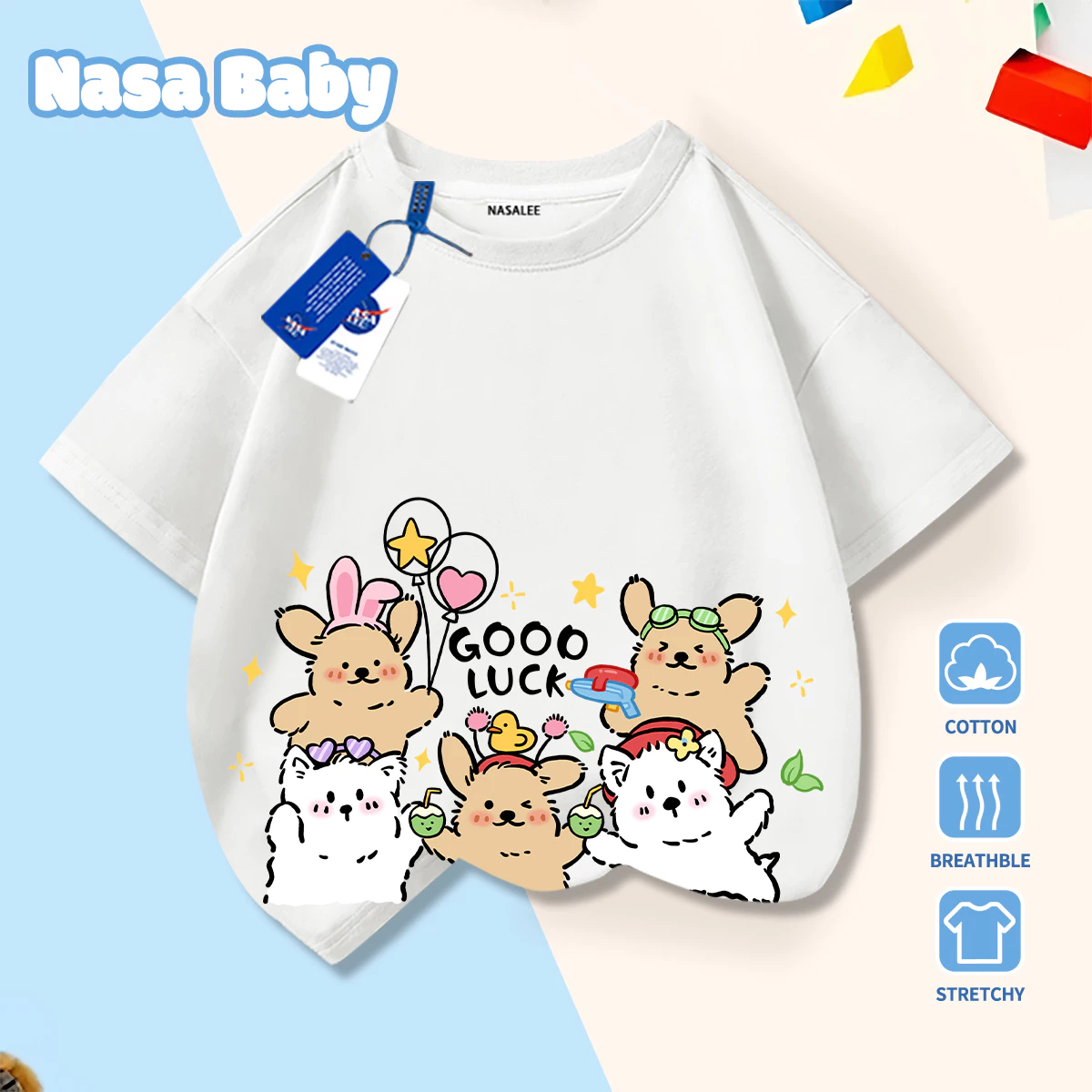 [Giao hàng trong ngày] Bóng bay Động vật nhỏ Cotton Trẻ em Tay ngắn Bé trai Bé gái Quần áo trẻ em Vẽ tay Thú cưng dễ thương TỐT Áo thun cổ tròn màu trắng