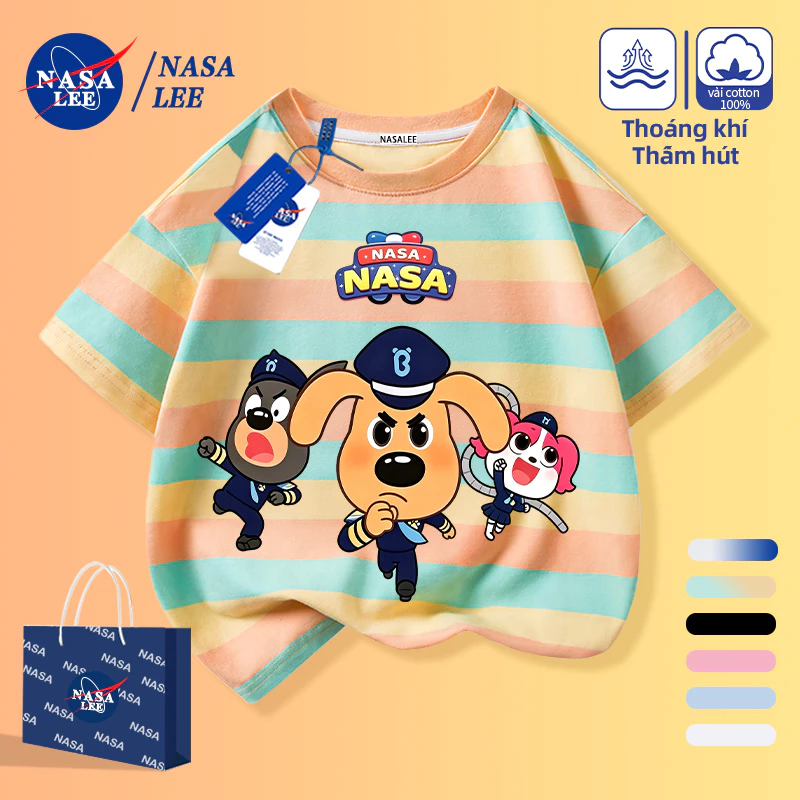 [Giao hàng trong ngày] Quần áo trẻ em Áo thun nửa tay sọc đầy màu sắc Áo thun Cotton mùa hè in hình chó hoạt hình ngắn tay bé trai bé gái Áo thường ngày